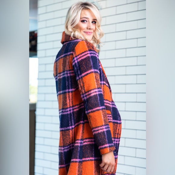 Nasty Gal Premium Plaid Double-Breasted Wool Look Coat Orange & Purple Size 16 - Picture 15 of 17